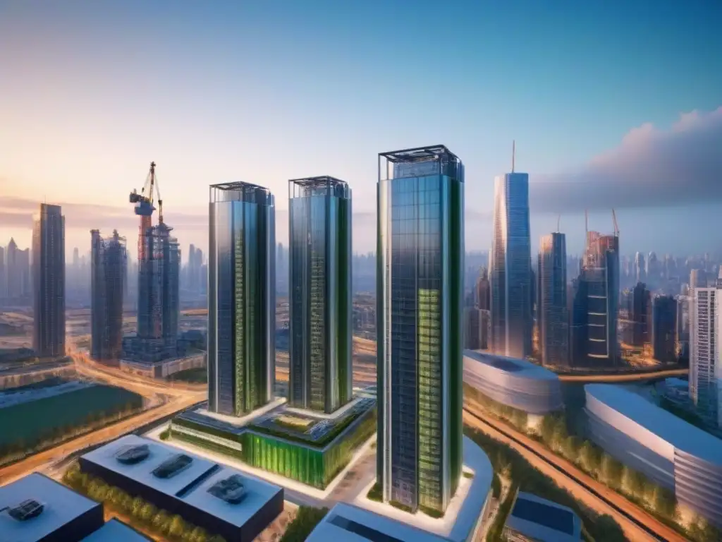 Robots construyendo el futuro: eficiencia y sostenibilidad en la obra de un rascacielos Robots avanzados construyen rascacielos futurista en la ciudad