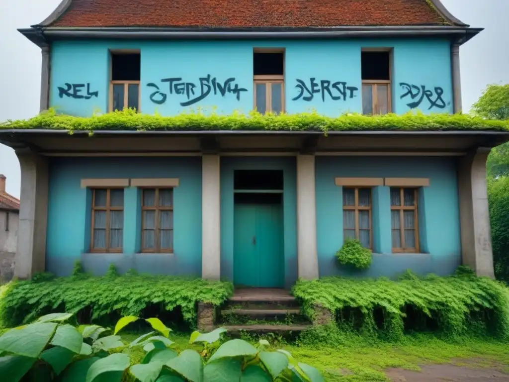 Ruinas de edificio abandonado cubierto de maleza y grafitis, reflejando errores en invertir bienes raíces largo plazo