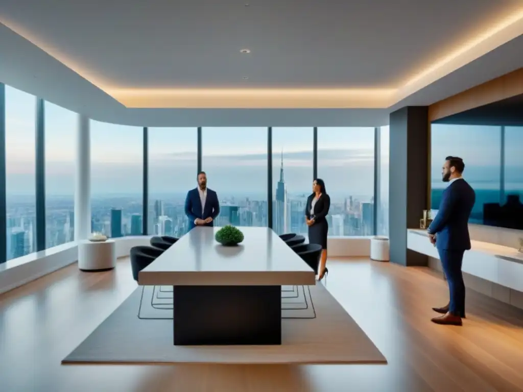 Innovación inmobiliaria: realidades virtuales en lujoso apartamento moderno Sala de apartamento de lujo con agentes inmobiliarios viendo tour de realidad virtual