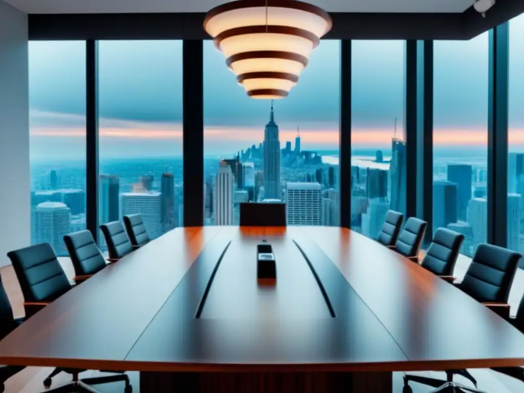 Sala de conferencias moderna con vistas panorámicas y ambiente profesional Una sala de conferencias moderna y elegante con vistas a la ciudad, perfecta para discutir Acuerdos de CompraVenta Bienes Inmuebles
