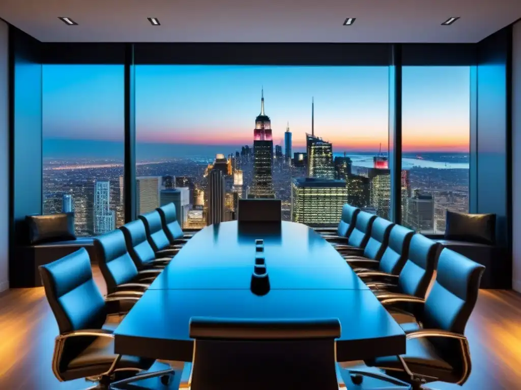 Salón de juntas corporativo de lujo con vista a la ciudad al atardecer Sala de juntas corporativa moderna y lujosa, con vista a la ciudad al anochecer