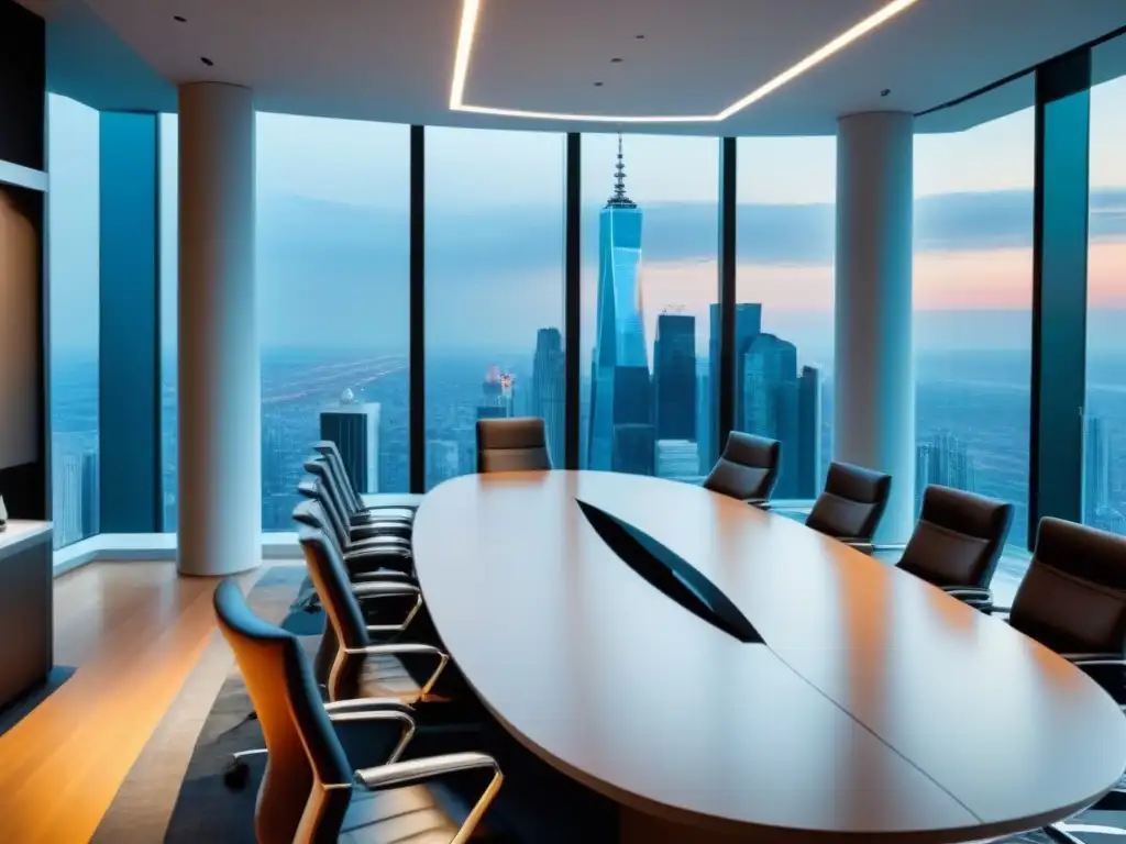 Sala de juntas lujosa con vista a la ciudad, mesa de conferencias, sillas de cuero, pantalla multimedia y profesionales en discusión estratégica