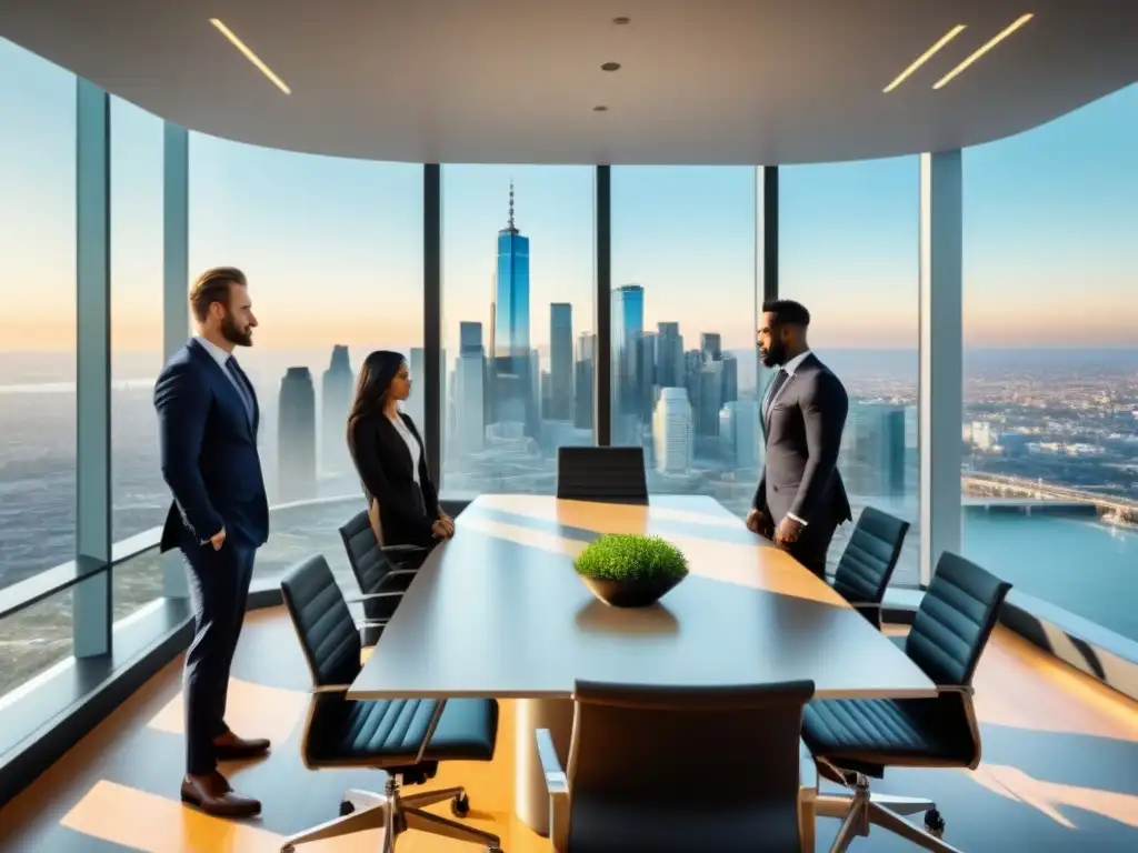 Reunión de inversores en oficina moderna con vista a la ciudad Sala de juntas moderna y lujosa con vista a la ciudad, profesionales intercambian ideas sobre sindicación inmobiliaria beneficios inversores