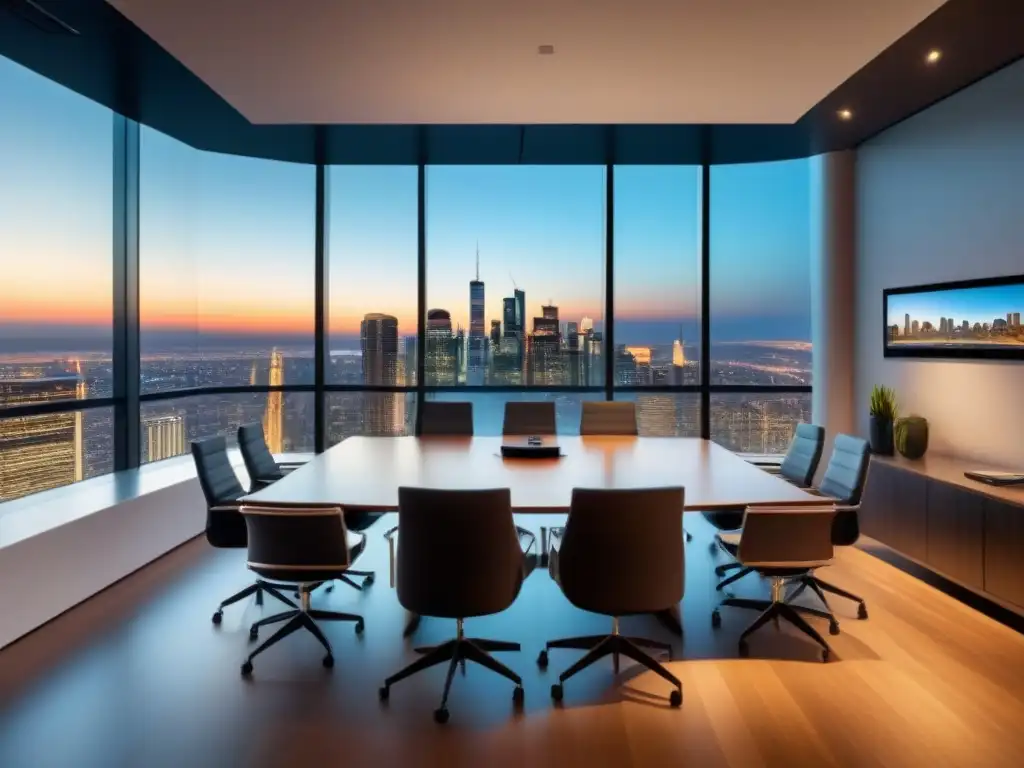 Reunión estratégica en oficina moderna con vista a la ciudad al atardecer Sala de juntas moderna y lujosa con vista a la ciudad al anochecer