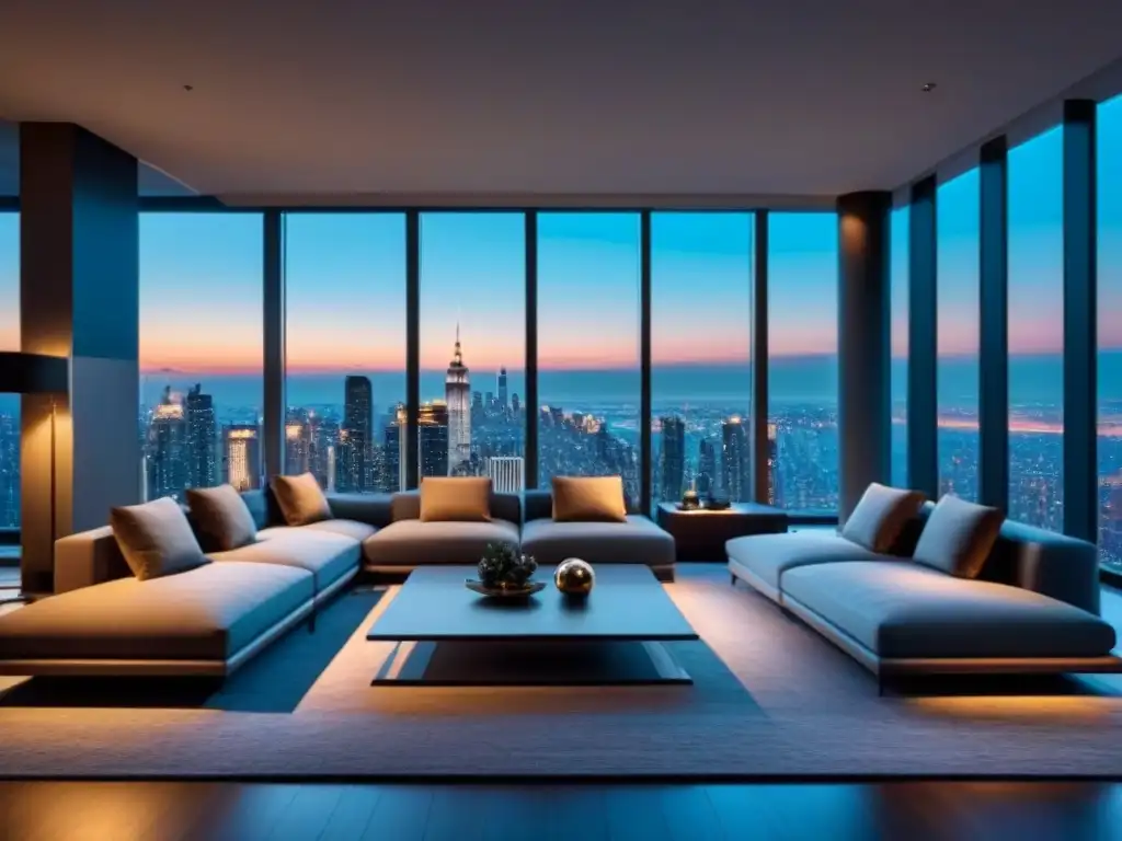 Sala de estar lujosa en un apartamento de altura con vista a la ciudad al atardecer