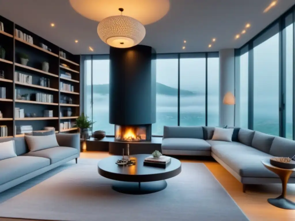Inversión inteligente: Salón lujoso con vista panorámica Sala de estar lujosa con decoración elegante, ventanales con vista panorámica, mobiliario de alta gama y chimenea acogedora rodeada de libros de inversión