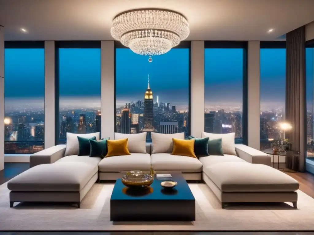Salón de lujo con vista nocturna de la ciudad y decoración moderna Sala de estar lujosa con vista nocturna de la ciudad, amueblada elegantemente