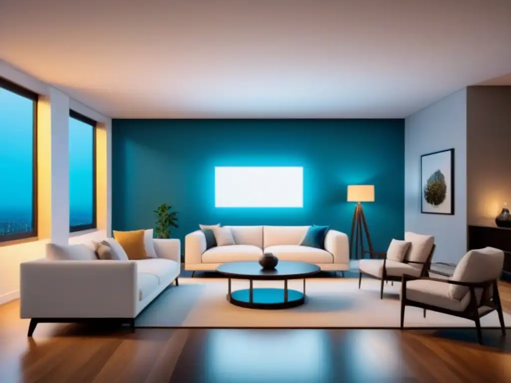 Salón moderno con realidad aumentada: diseño virtual 8k Una sala moderna con elementos de realidad aumentada en bienes raíces