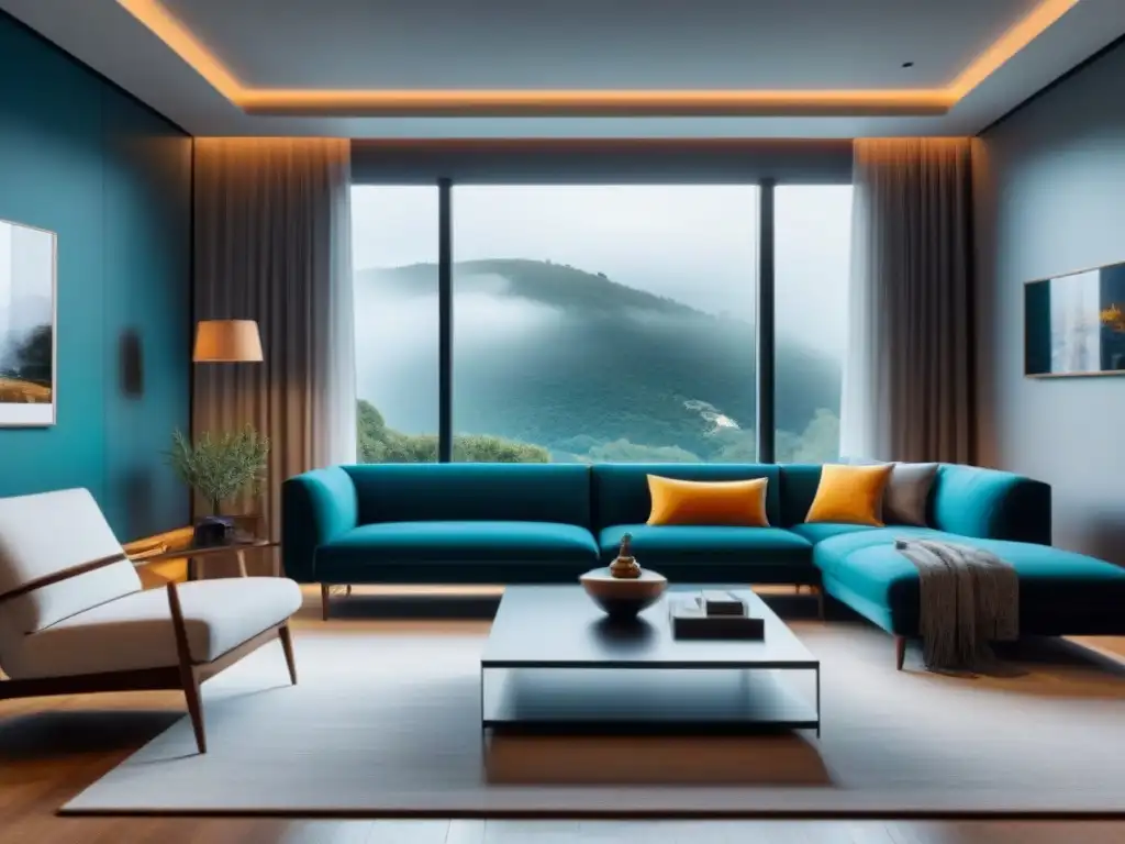 Elegante sala moderna con toque de color y calidez Una sala moderna con equilibrio entre minimalismo y calidez, ideal para captar atención en fotografía inmobiliaria