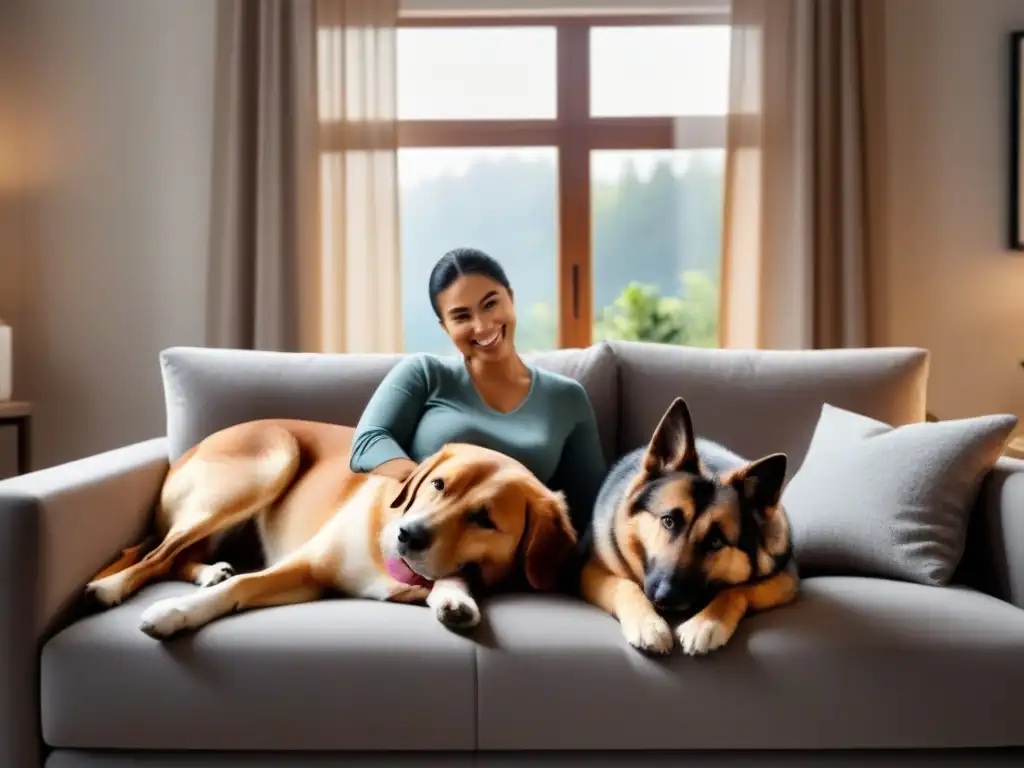 Familia feliz con perro: hogar acogedor y emocional Una sala moderna con una familia feliz y su perro, destacando los beneficios emocionales de las mascotas en el hogar