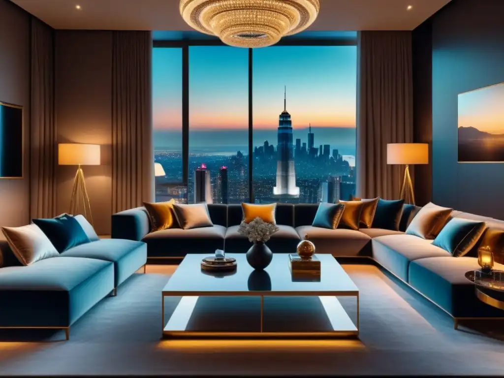 Salón de lujo con vista nocturna a la ciudad Sala de estar moderna y lujosa con ambiente sofisticado y toques opulentos