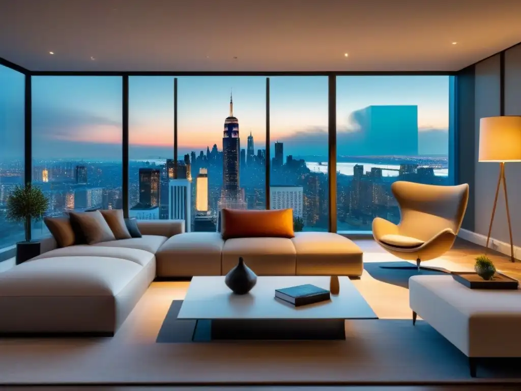 Sala de estar moderna y lujosa con vista a la ciudad al atardecer Una sala de estar moderna y lujosa con diseño minimalista, ventana panorámica y vista a la ciudad al atardecer