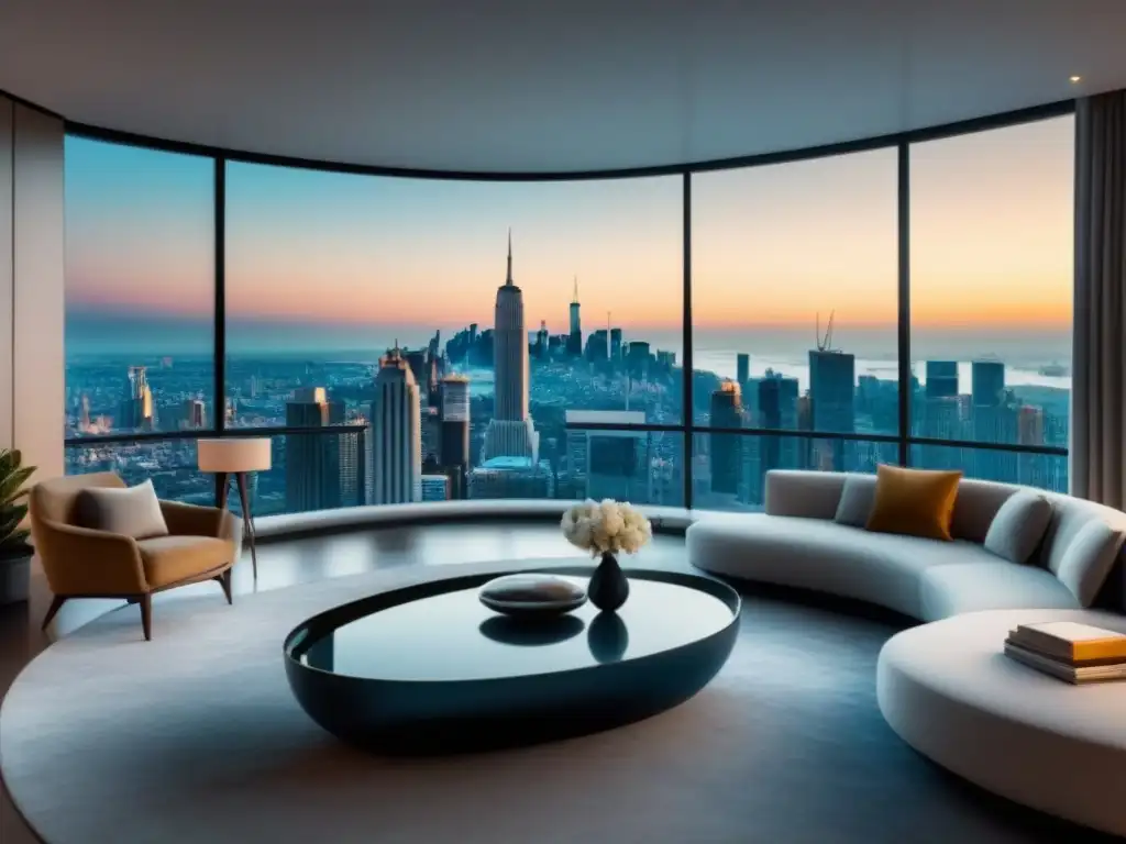 Salón de lujo con vistas urbanas y diseño contemporáneo Una sala de estar moderna y lujosa con ventanales de piso a techo que muestran una vista impresionante de la ciudad