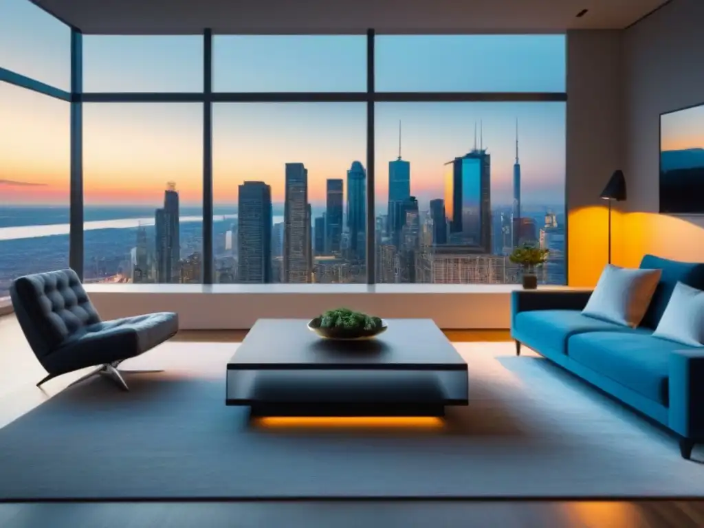 Sala de estar de lujo con vista panorámica a la ciudad Sala de estar moderna y lujosa con vista a la ciudad, ideal para inversores inmobiliarios considerando ventajas préstamos ajuste tasa