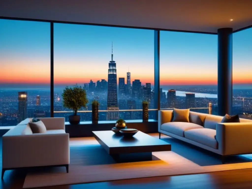 Salón de lujo con vista panorámica nocturna de la ciudad Una sala de estar moderna y lujosa con vista a la ciudad de noche