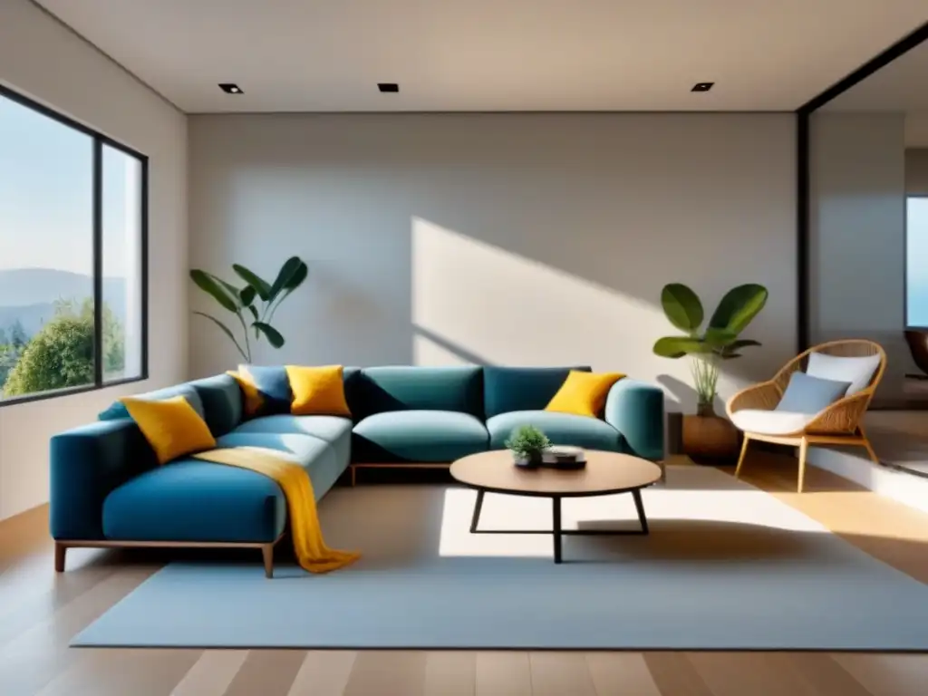 Sala minimalista: elegancia y funcionalidad en armonía Una sala moderna y minimalista en finanzas inmobiliarias, con decoración neutra y líneas limpias, transmitiendo calma y serenidad