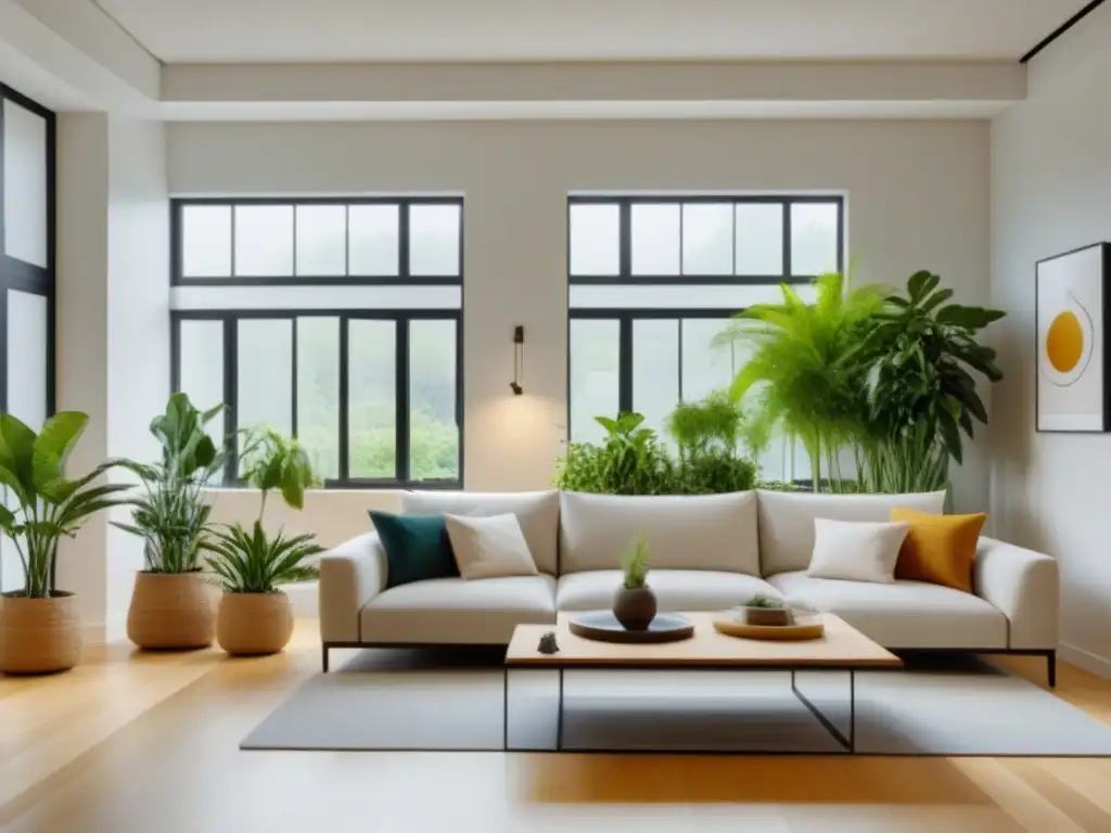 Sala moderna con plantas verdes, beneficios plantas hogar bienestar