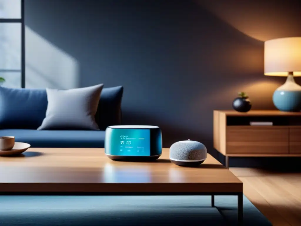 Armonía tecnológica: dispositivos inteligentes en sala minimalista Una sala moderna con tecnología hogar integrada, creando armonía y bienestar emocional