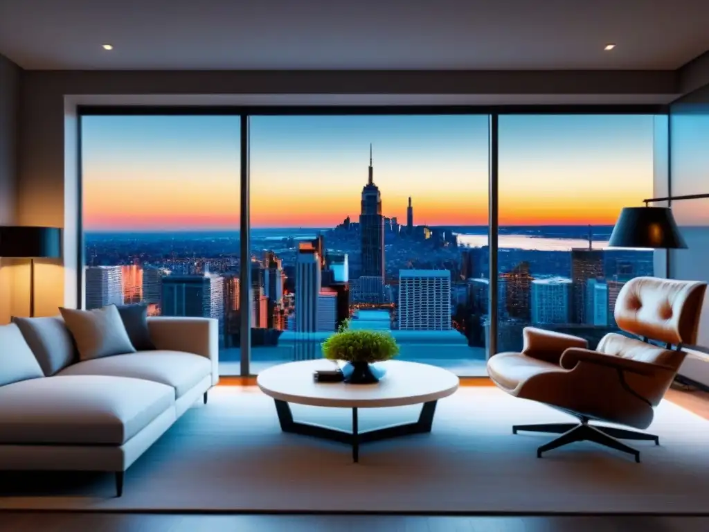 Sala de estar sofisticada y acogedora con vista a la ciudad al anochecer Sala moderna con ventana panorámica de ciudad al atardecer, diseño lujoso y práctico
