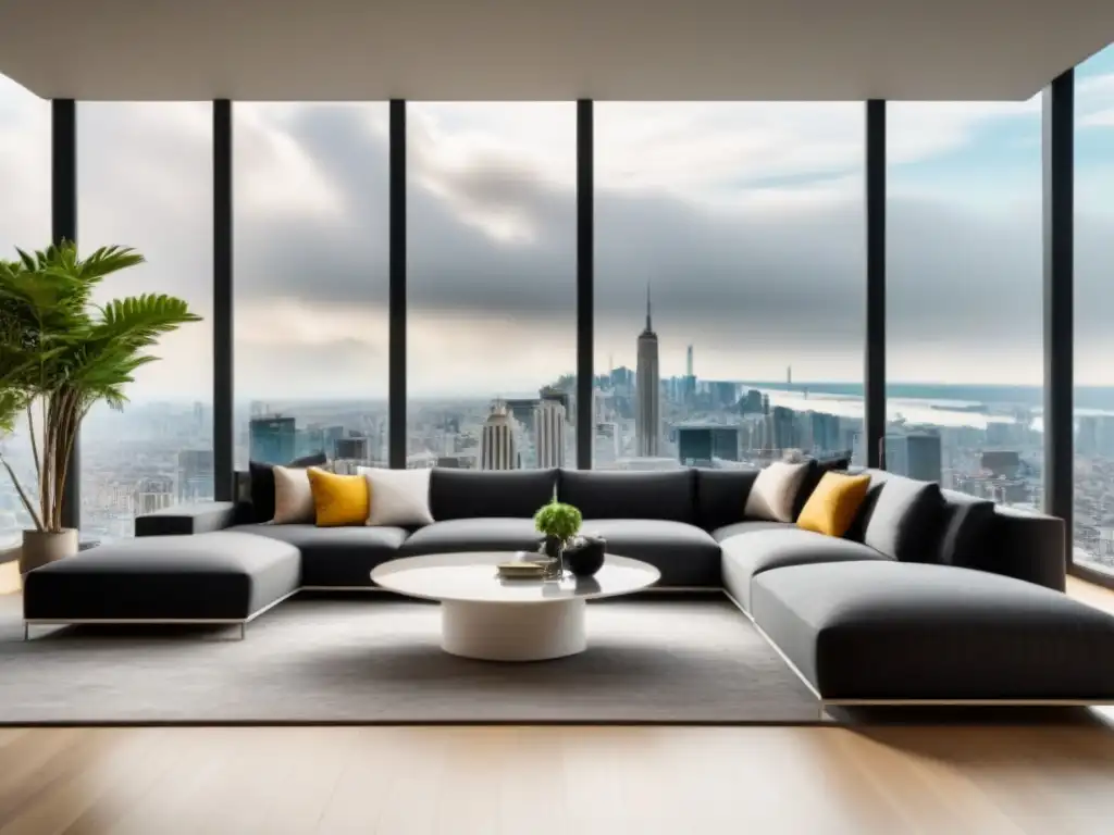 Sala de estar minimalista con vista panorámica de la ciudad Sala de estar moderna con vista a la ciudad, muebles minimalistas, chimenea y plantas verdes