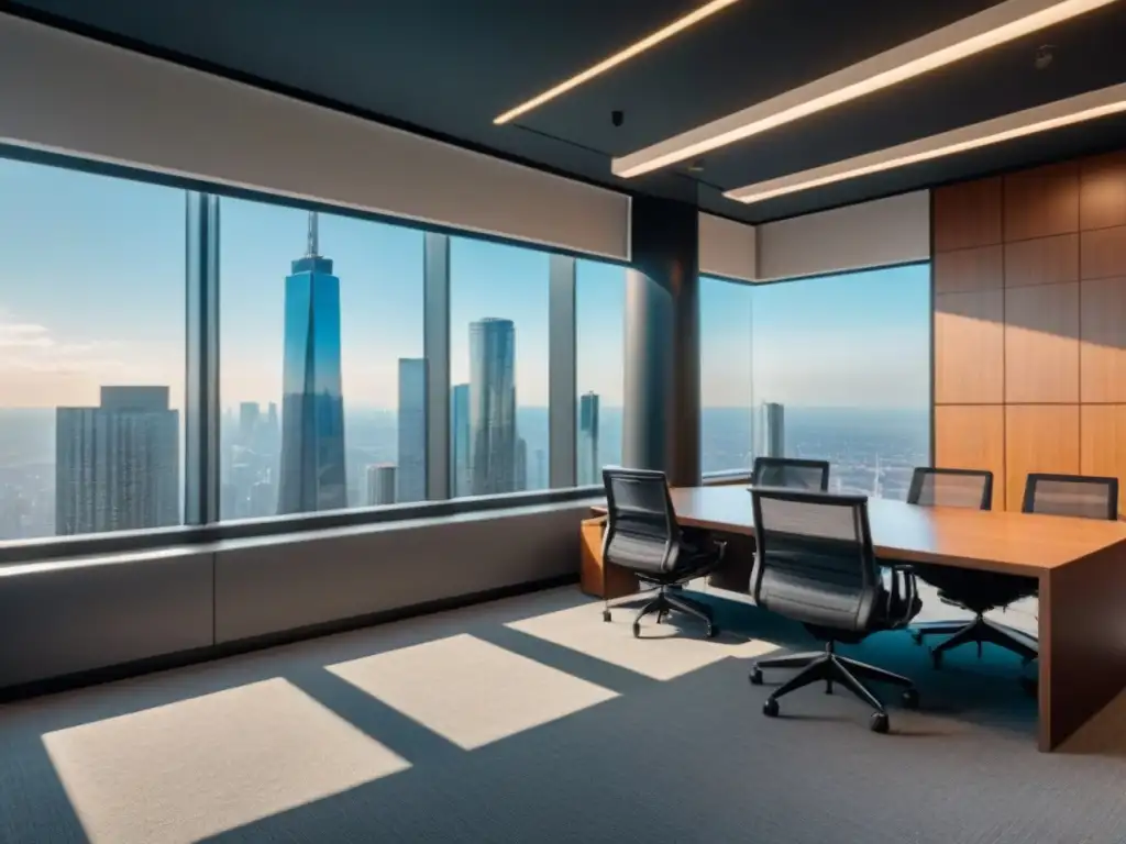 Oficina de lujo con vista panorámica en metrópolis activa Sala de oficina moderna y lujosa con vistas a la ciudad