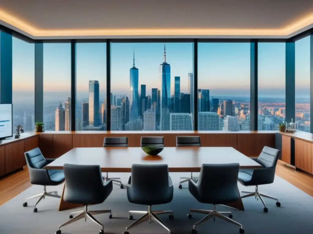 Oficina de lujo con vista a la ciudad: innovación y colaboración financiera Una sala de oficina moderna y lujosa con vista a la ciudad, donde profesionales discuten sobre financiamiento inmobiliario