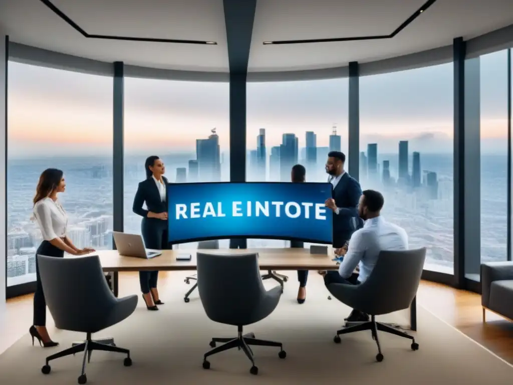 Profesionales debaten informes inmobiliarios en moderna oficina Sala de oficina moderna con profesionales discutiendo informes de tasación inmobiliaria en pantalla digital, rodeados de planos y vista urbana