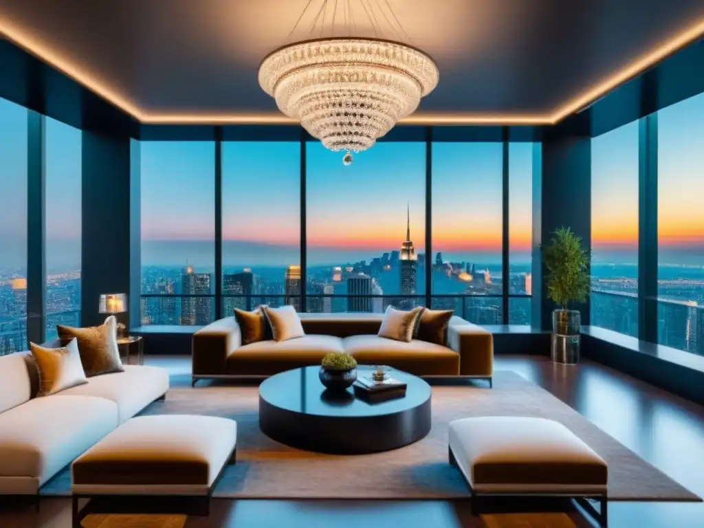 Elegante sala de estar de penthouse con vista panorámica a la ciudad Sala de estar de penthouse moderno de lujo con vista panorámica de la ciudad y muebles elegantes