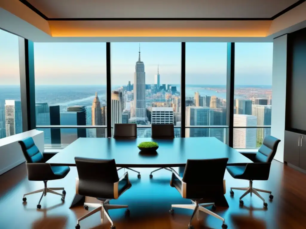 Oficina moderna para consultas legales en el sector inmobiliario Una sala de reuniones moderna y sofisticada con vista a la ciudad, ideal para asesoría legal en transacciones inmobiliarias