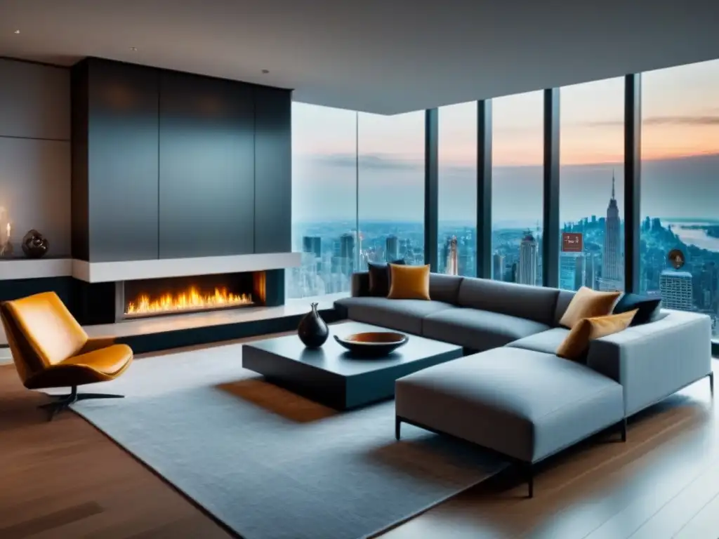 Penthouse de lujo: Sala moderna con vista panorámica Salón lujoso en ático de lujo con vistas a la ciudad y muebles contemporáneos, ideal para estrategias publicidad redes sociales propiedades lujo