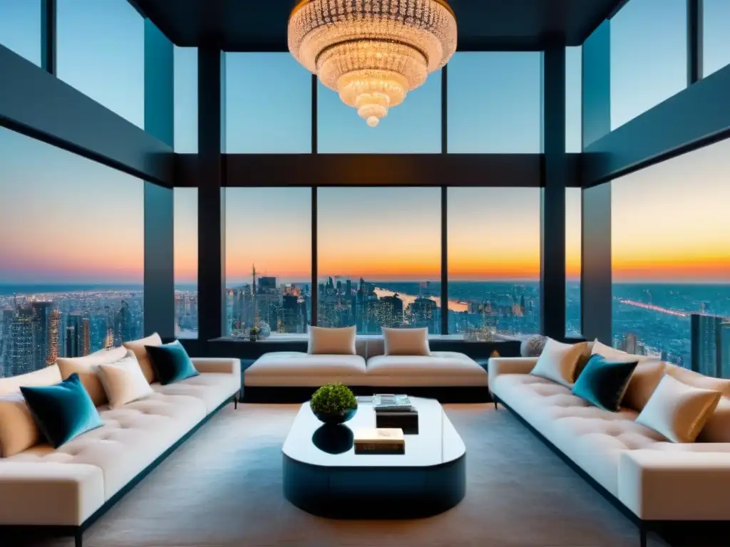 Salón lujoso de ático moderno con vista impresionante de la ciudad