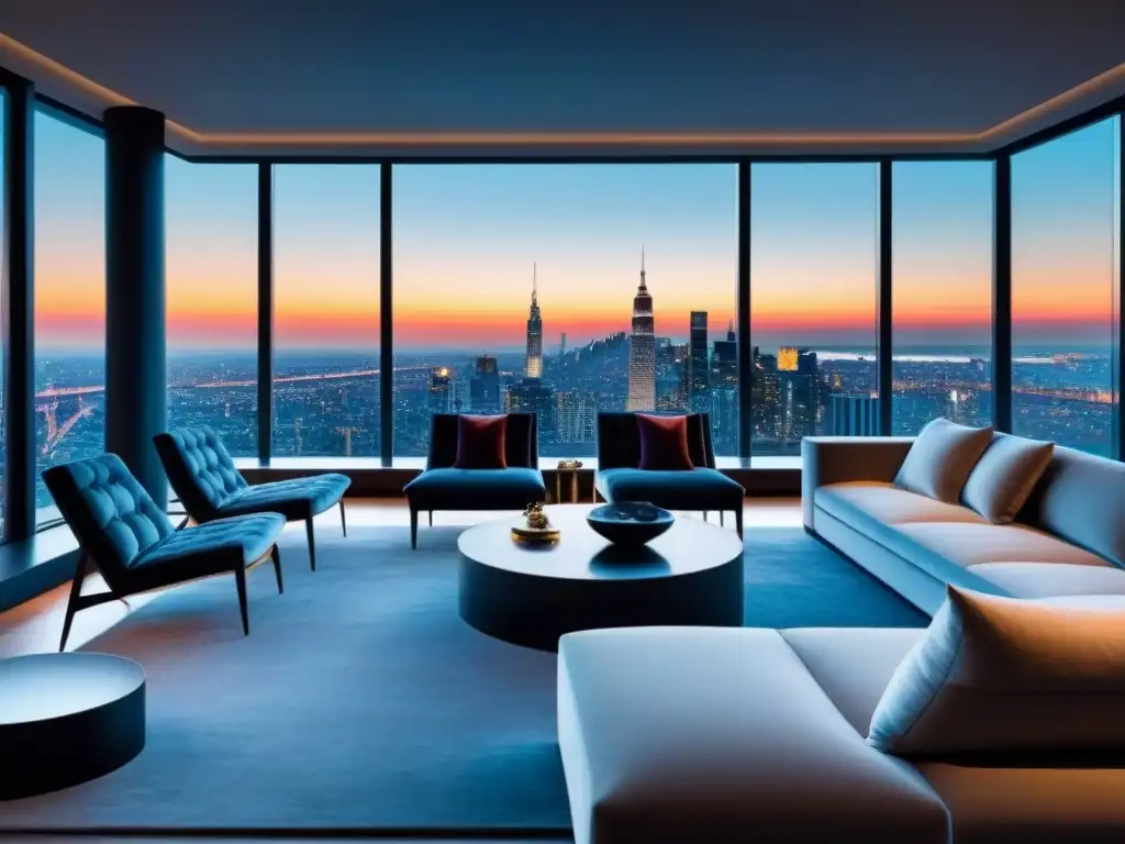 Salón lujoso en ático: ventanas panorámicas, mobiliario elegante y arte vanguardista