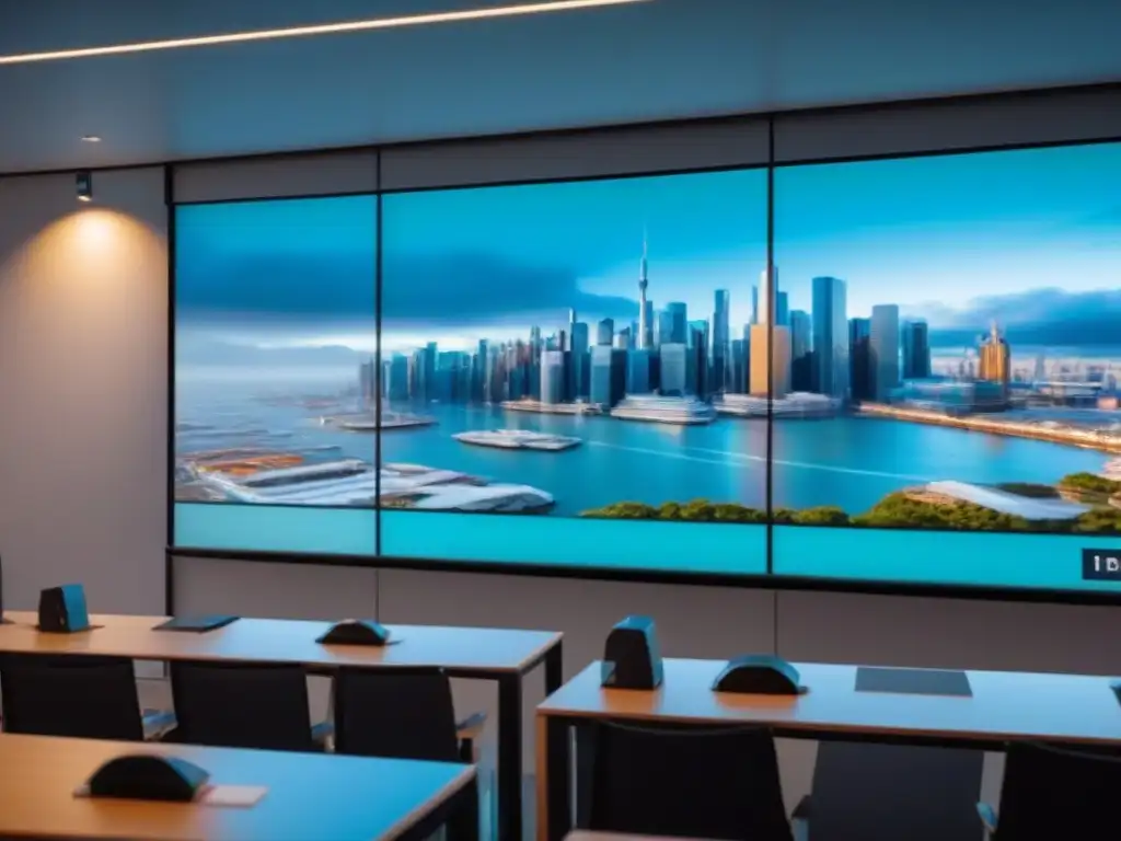 Clase futurista de educación financiera en 8k Salón de clases futurista para educación financiera inmobiliaria con tecnología innovadora
