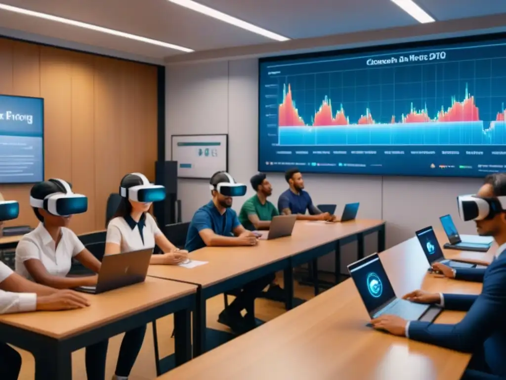 Clase futurista: estudiantes aprenden finanzas con realidad virtual Salón de clases futurista con hologramas financieros y estudiantes entusiasmados aprendiendo con gamificación en educación financiera