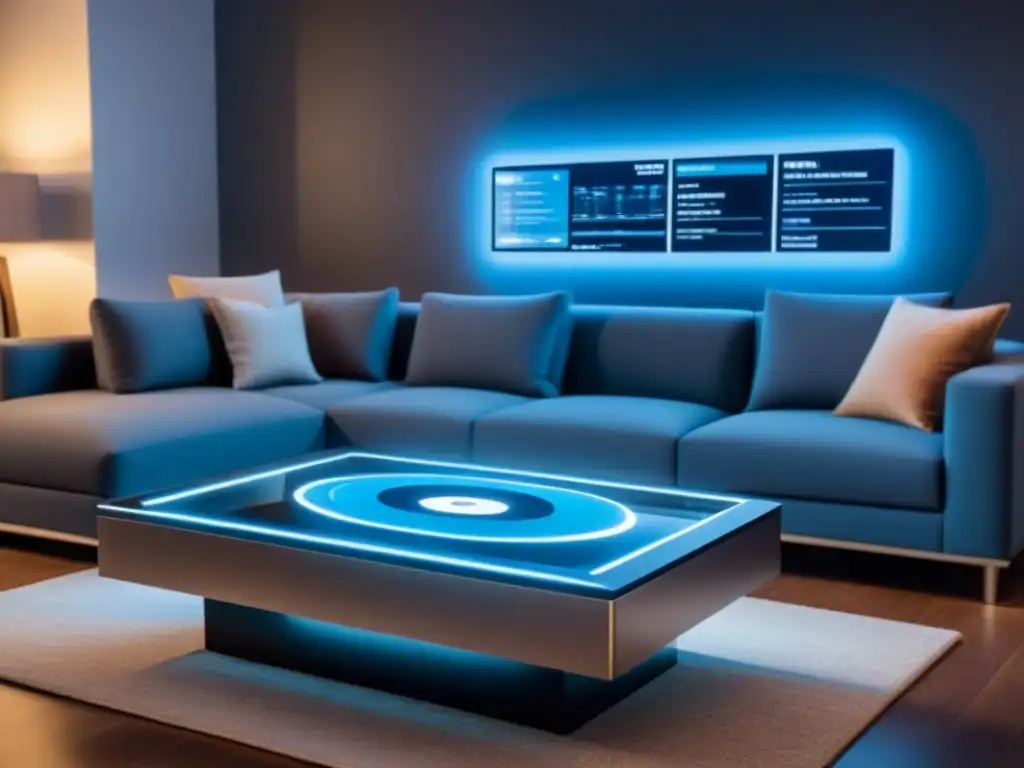 Salón futurista con holograma de inteligencia artificial Un salón futurista con visualización de propiedades con IA en hologramas