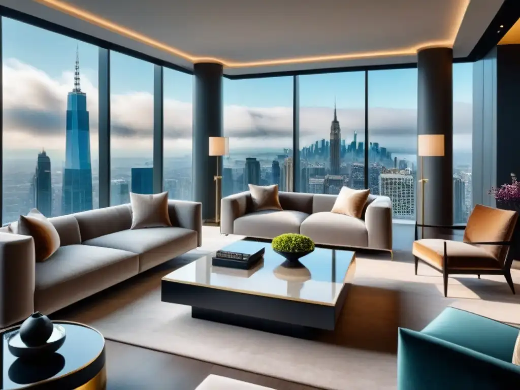 Penthouse de lujo con vista panorámica a la ciudad y diseño contemporáneo Salón de lujo en ático moderno con vista a la ciudad