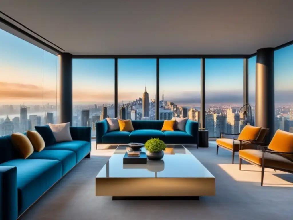 Salón de lujo con vistas urbanas y mobiliario contemporáneo Salón de lujo en ático moderno con vista a la ciudad