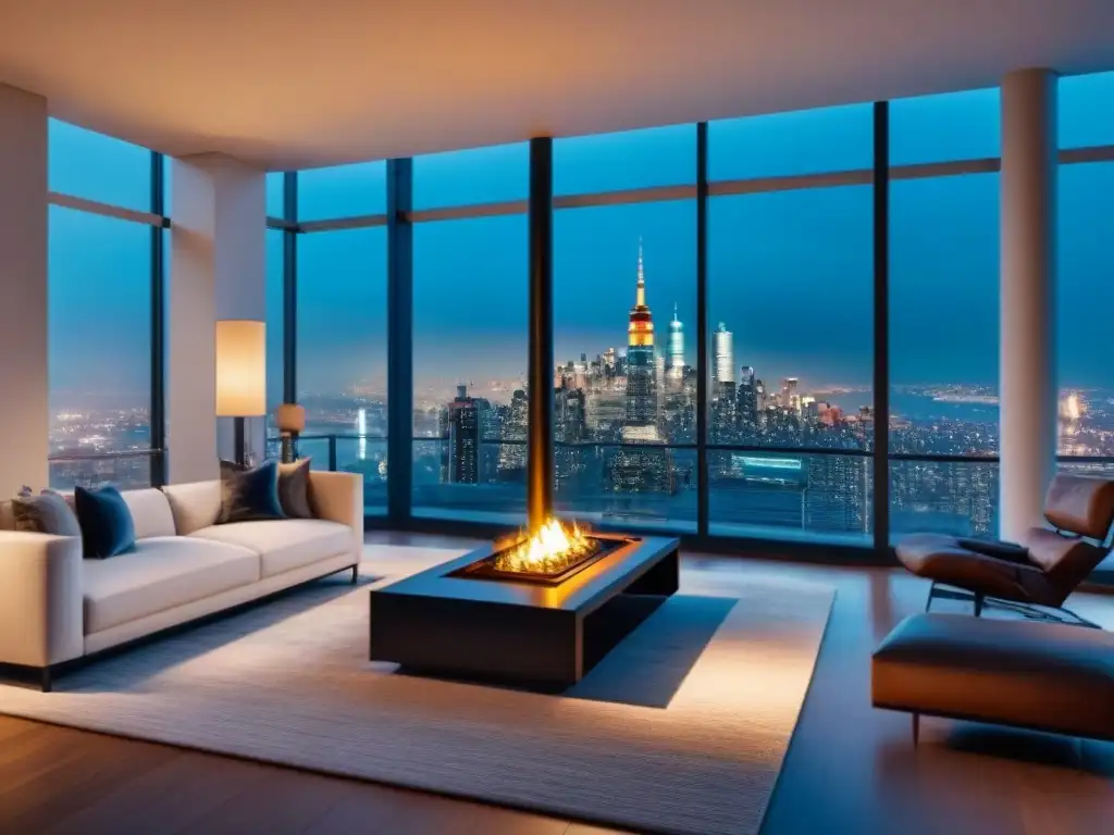 Penthouse de lujo con vista panorámica nocturna de la ciudad Salón de lujo en ático moderno con vista nocturna de la ciudad
