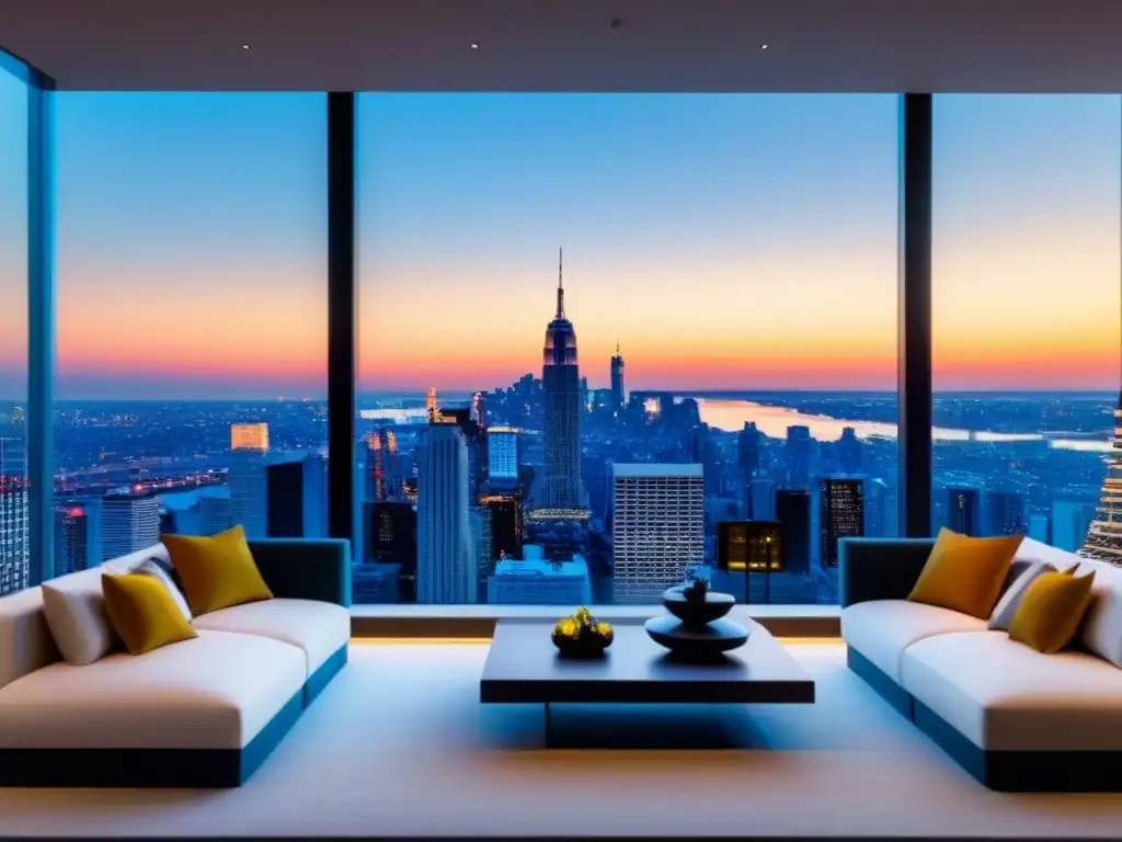Sala de estar de lujo con vista panorámica al atardecer Salón de lujo en ático moderno con vistas a la ciudad al atardecer