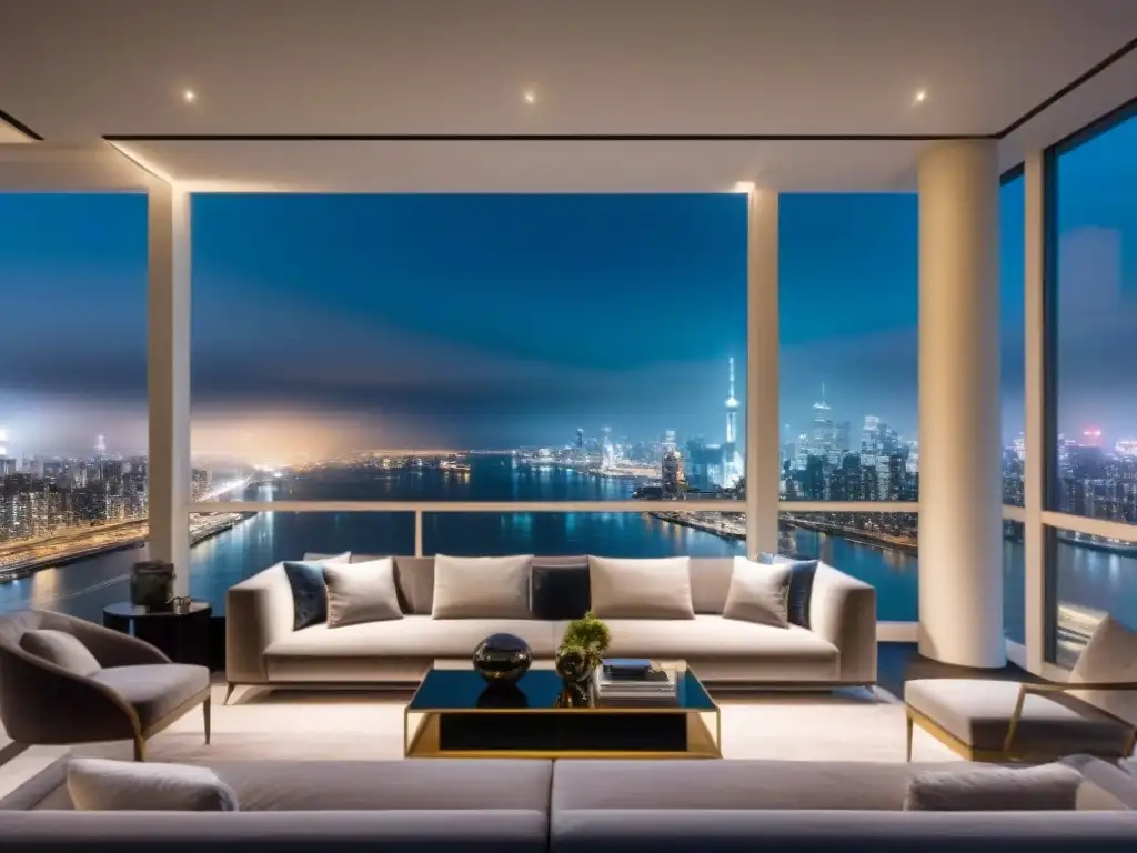 Salón de lujo en ático moderno con vistas nocturnas a la ciudad