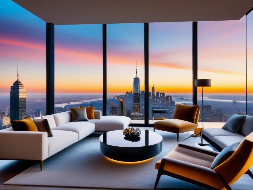 Penthouse de lujo con vista panorámica al atardecer Salón de lujo en ático moderno con vistas a la ciudad al atardecer, decorado elegantemente