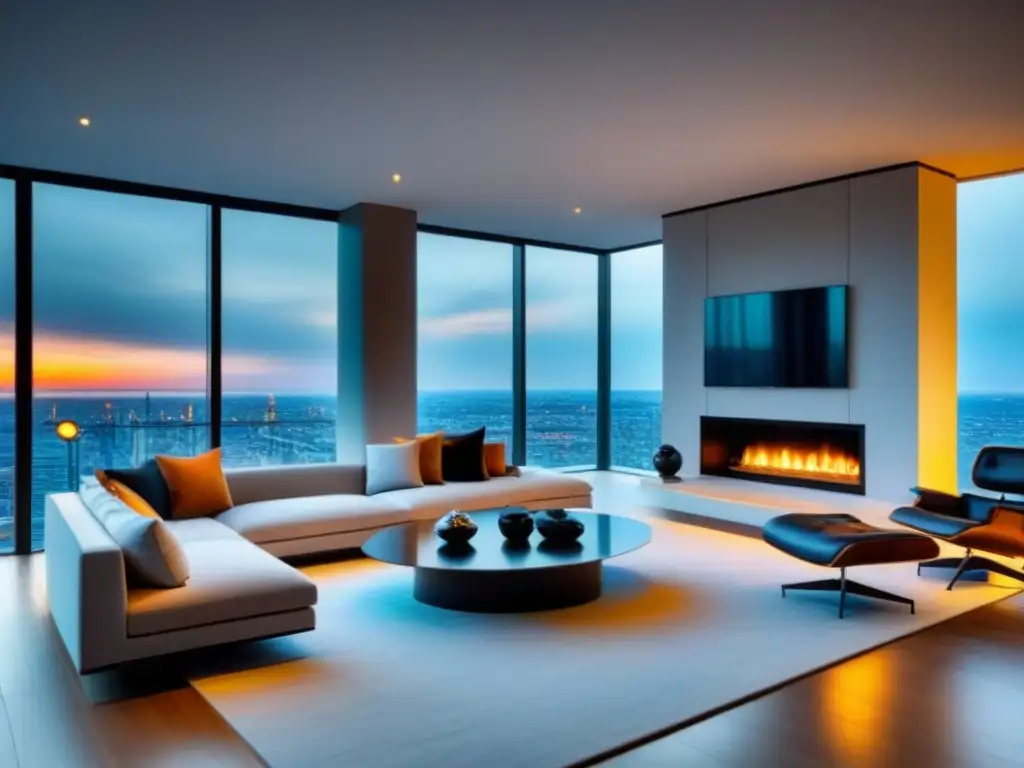 Salón de lujo en penthouse urbano: diseño moderno y vistas panorámicas Salón de lujo en ático urbano con vistas panorámicas, mobiliario de diseño y ambiente sofisticado, ideal para estrategias gestión propiedades lujo
