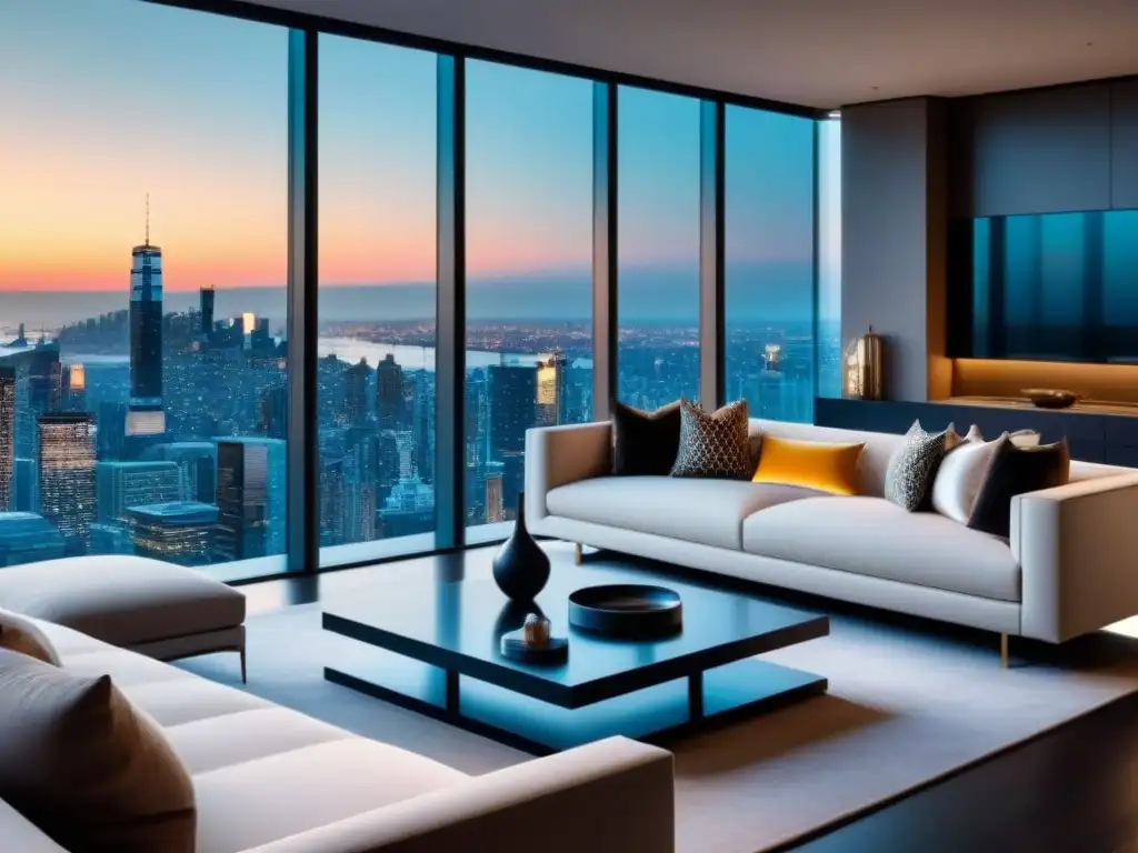 Salón de lujo en penthouse con vista panorámica a la ciudad Salón de lujo en ático con vista a la ciudad, muebles contemporáneos y tecnología de vanguardia