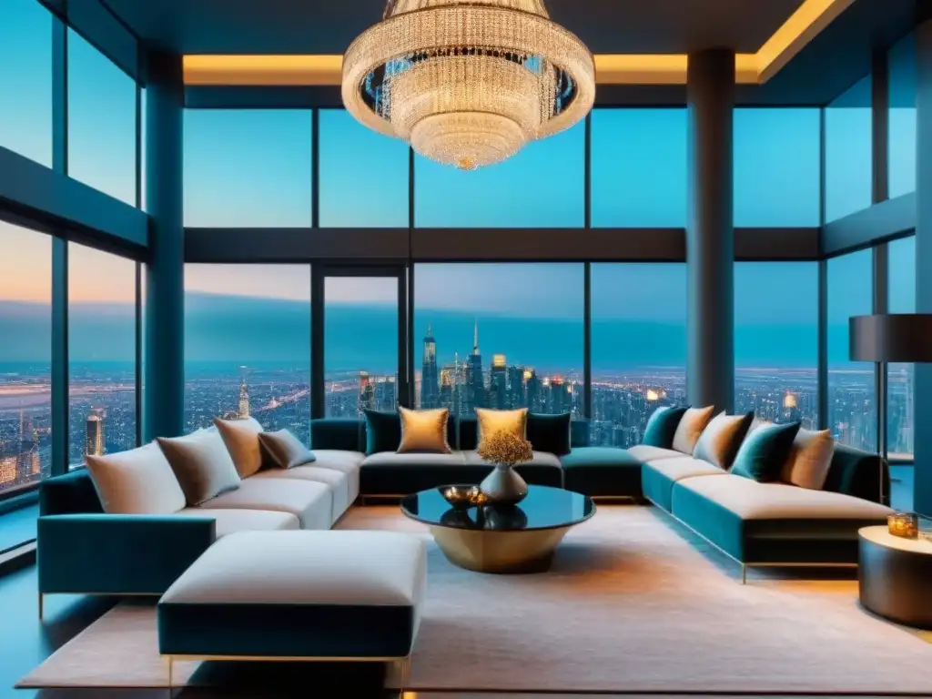 Sala de estar de lujo en penthouse con vista panorámica a la ciudad Salón de lujo en ático con vista panorámica de la ciudad y mobiliario elegante, ideal para opciones refinanciamiento lujo inmobiliario