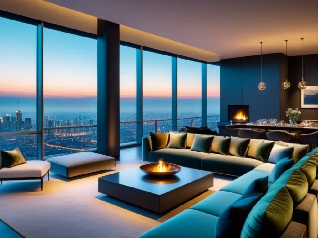 Penthouse de lujo con vistas nocturnas a la ciudad Salón de lujo en ático con vista nocturna de la ciudad