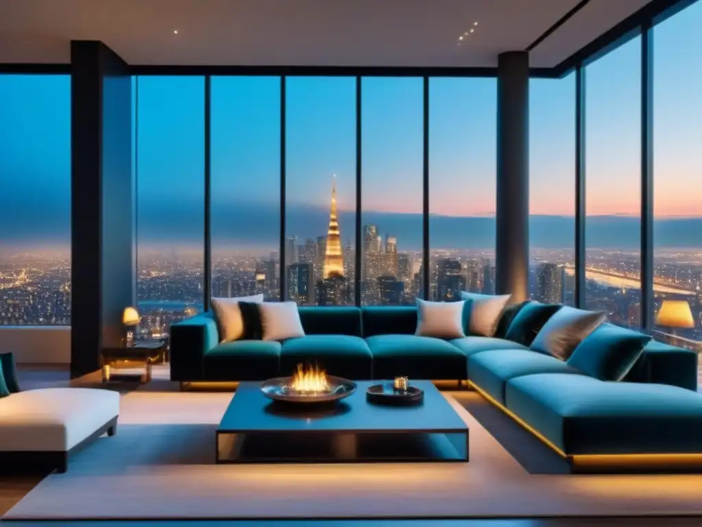 Salón de lujo con vistas nocturnas de la ciudad Salón de lujo en ático con vistas nocturnas a la ciudad