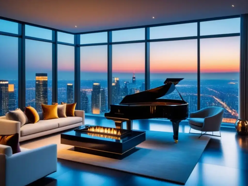 Sofisticado salón penthouse con vistas nocturnas a la ciudad Salón de lujo en ático con vistas nocturnas a la ciudad