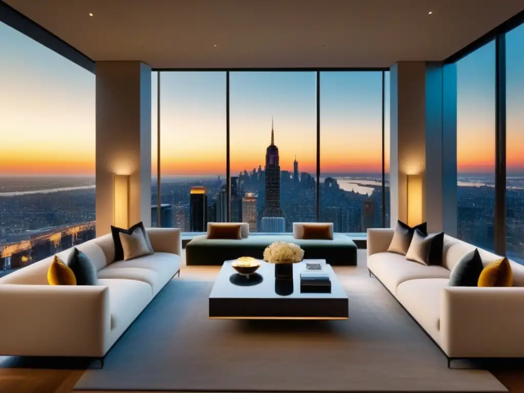 Penthouse de lujo con vistas urbanas al atardecer Salón de lujo en ático con vistas a la ciudad al atardecer