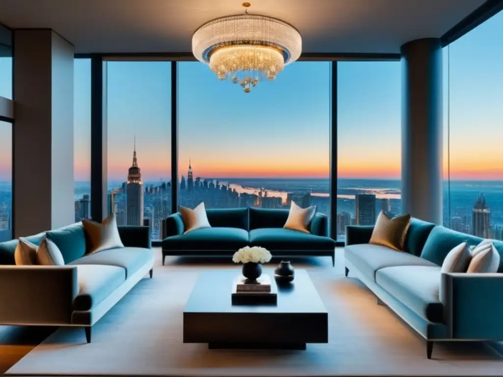 Salón de lujo en condominio de altura con diseño contemporáneo y vista a la ciudad