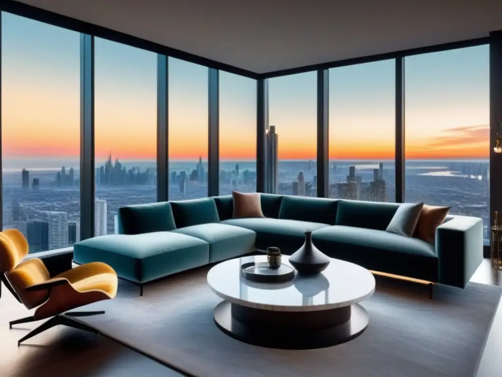 Salón de lujo en condominio urbano: elegancia contemporánea Salón de lujo en condominio urbano con ventanales de piso a techo y vistas a la ciudad